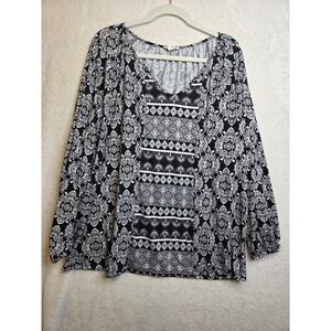 Como Blu Women's 2X Blouse Black and White Long Sleeve Loose Fit